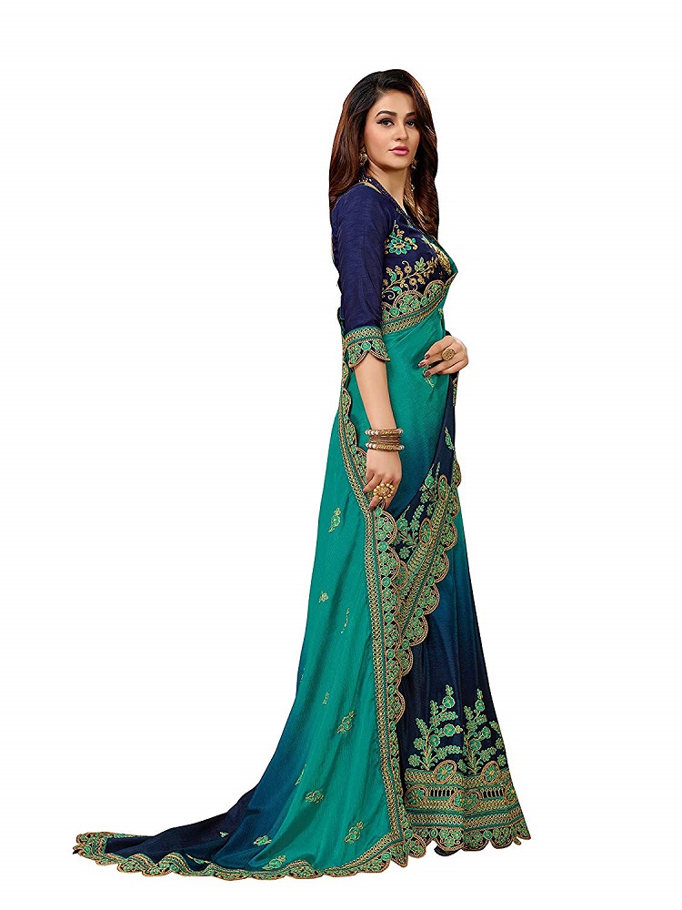 Buy Blue Chiffon Embroidered Saree with Blouse - Manohari Online at ...