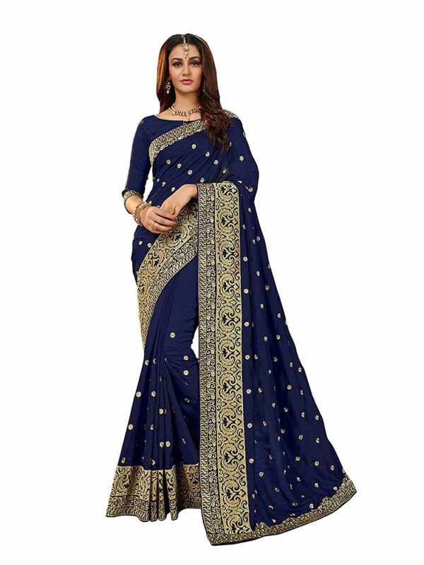 Blue Silk Blends Embroidered Saree