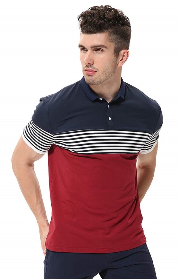 Cotton Red Half Sleeve Striped Polo T Shirt 1