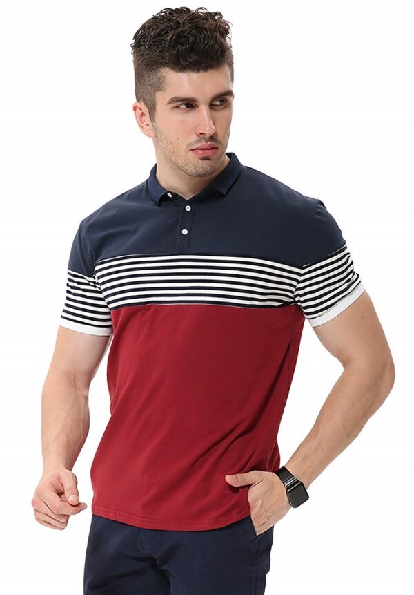 Cotton Red Half Sleeve Striped Polo T Shirt 2
