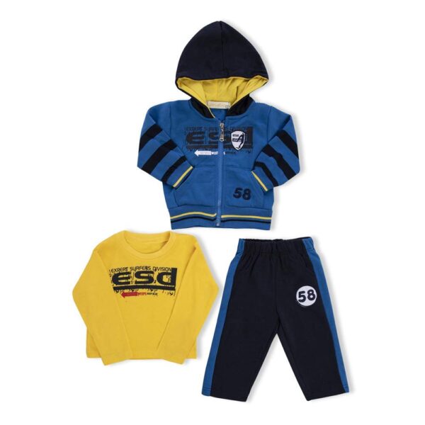 Trio 3 Piece Baby Boy Winter Wear Clothing Set Full Sleeve T-Shirt With Hood Jacket & Matching Pants For 0-2 Year Kids - Bold N Elegant - Image 2