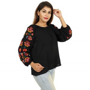 Cotton Embroidered Knot Front Black Top 1