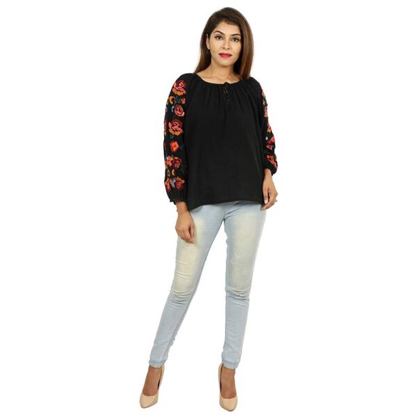 Cotton Embroidered Knot Front Black Top 4