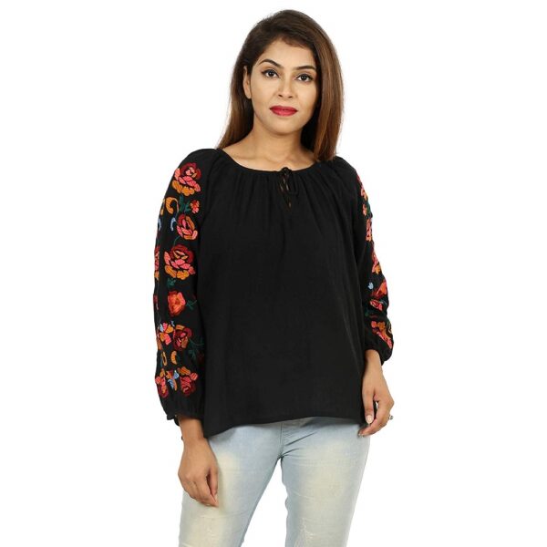 Cotton Embroidered Knot Front Black Top For Women - Goodwill