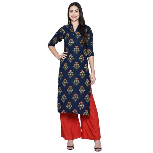 Royal Blue Printed Straight Rayon Kurti 1