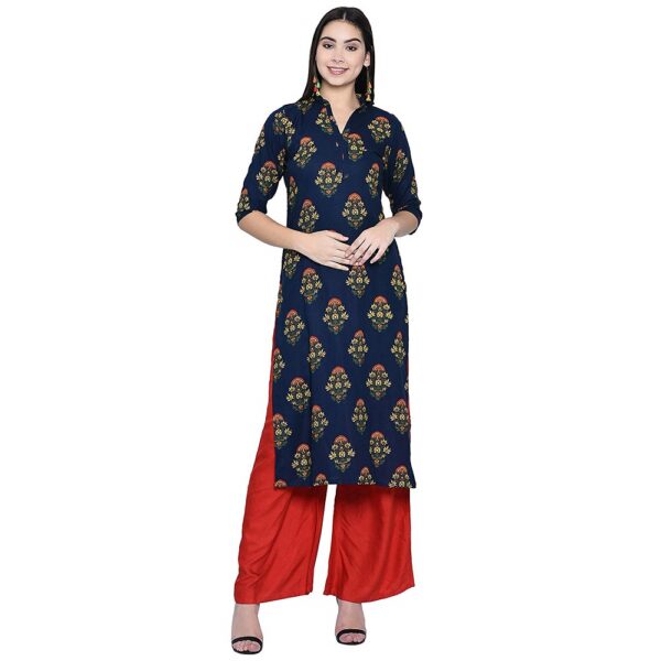 Royal Blue Printed Straight Rayon Kurti