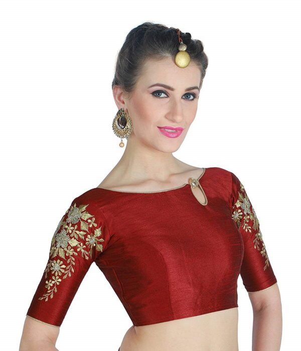 Buy Women's Poly Maroon Raw Silk Readymade Saree Blouse With Sleeves ...