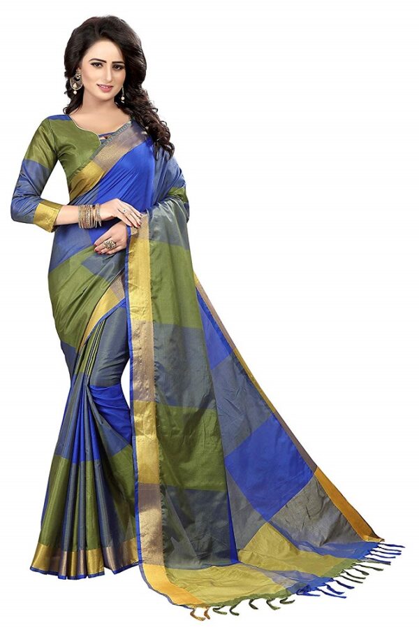 Blue Green Cotton Saree