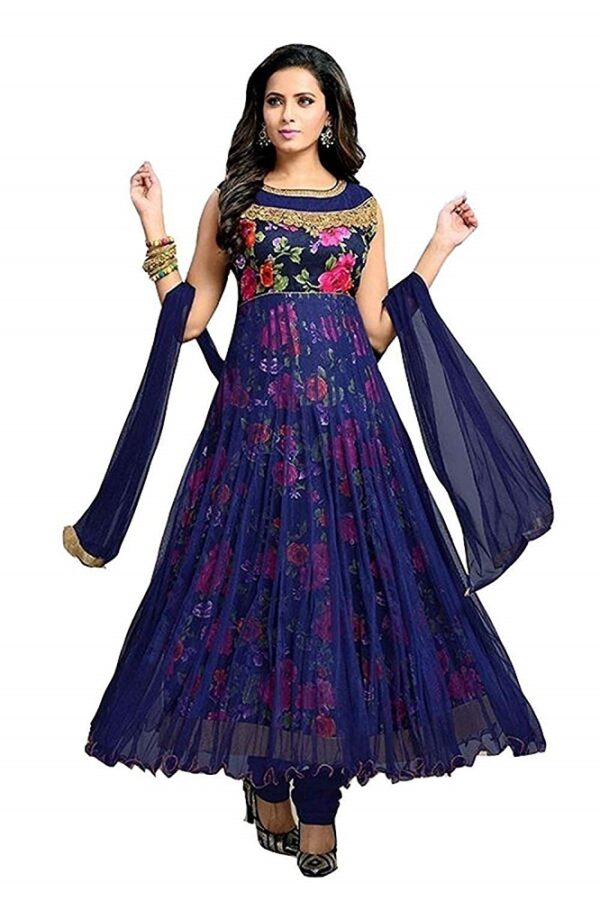 Blue Rose Cotton Anarkali Dress Material