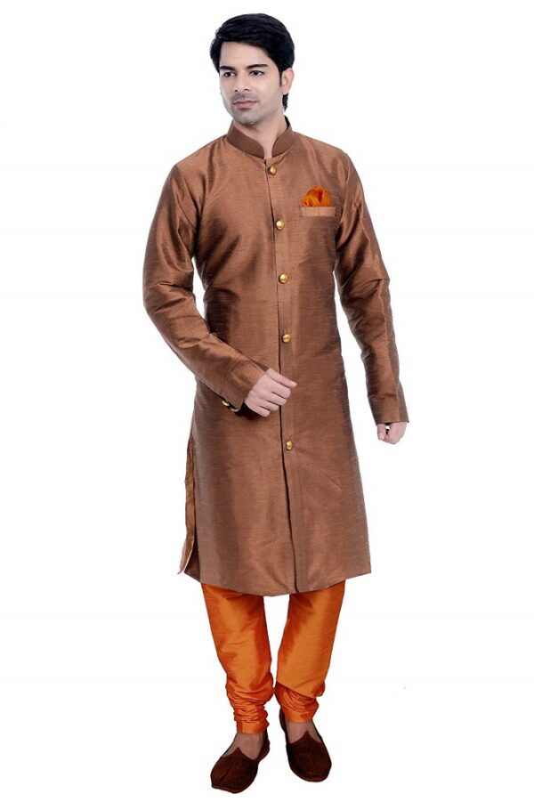 Cotton Silk Brown Kurta & Orange Pyjama Set