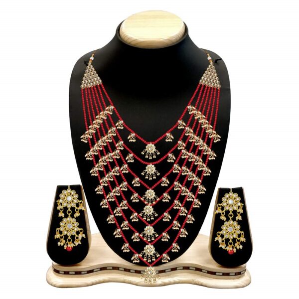 Traditional Red Floral Multi Layered Necklace Jewellery Set With Earrings For Girls & Women - Peora - Image 3