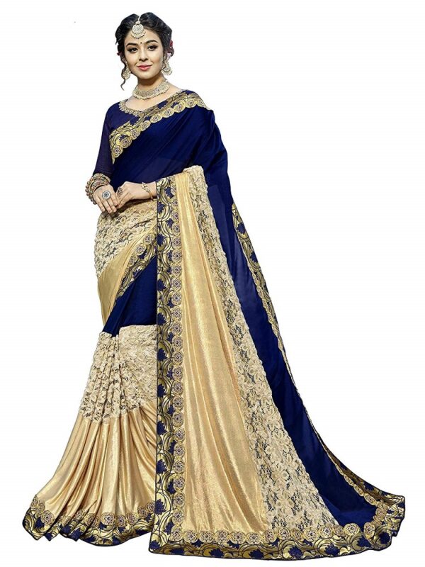 Heavy Embroidered Fancy Fabric Blue Color Saree