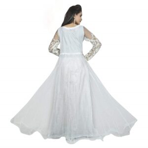 Net Embroidery Semi-Stitched White Gown 1