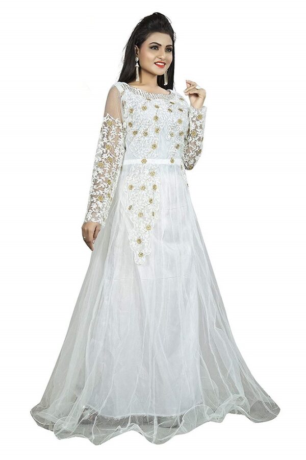 Net Embroidery Semi-Stitched White Gown 2