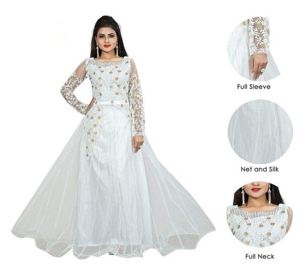 Net Embroidery Semi-Stitched White Gown 3