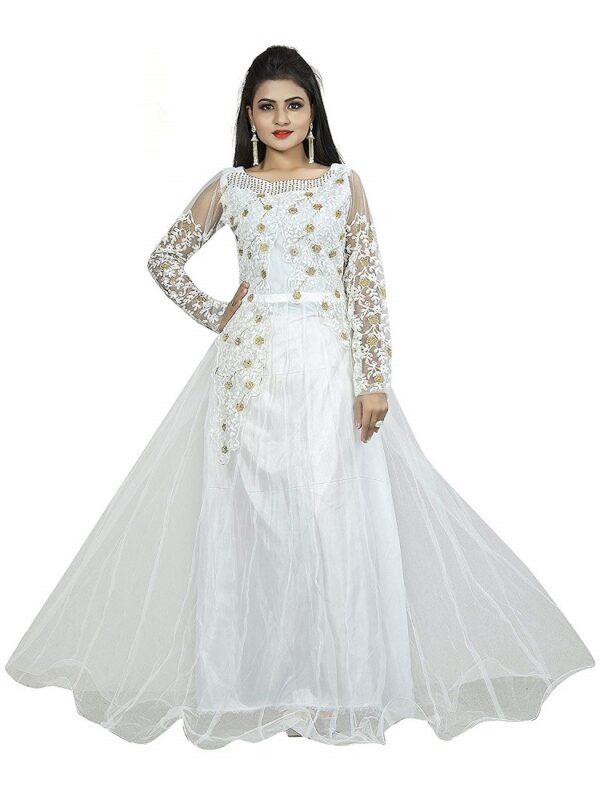 Net Embroidery Semi-Stitched White Gown