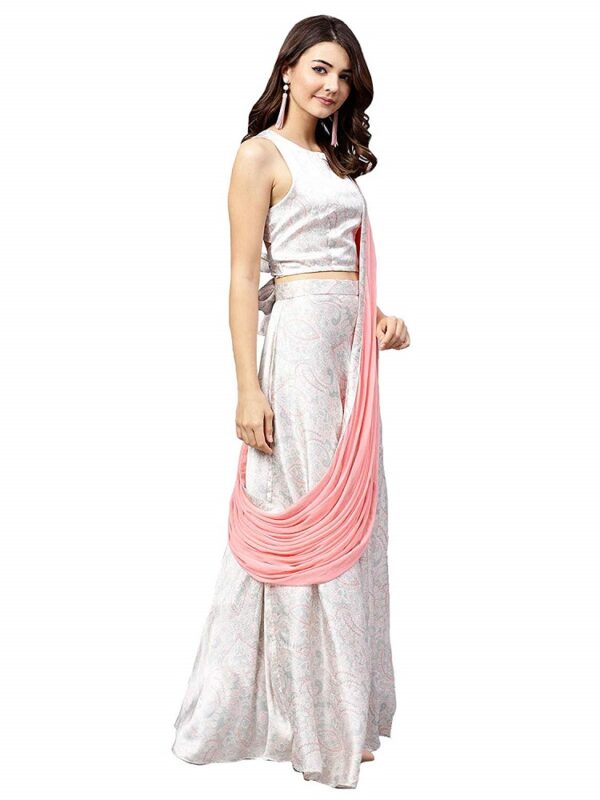 Off White satin Printed Lehenga Saree 1