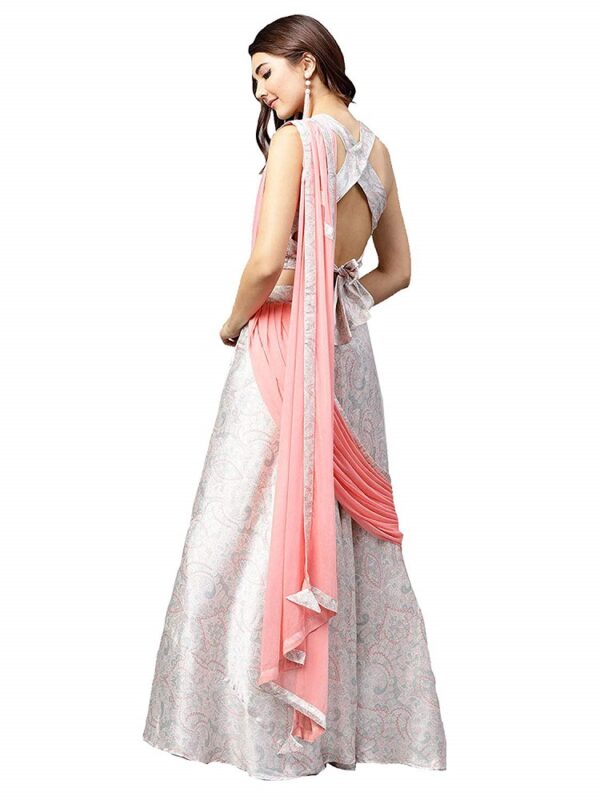 Off White satin Printed Lehenga Saree 2