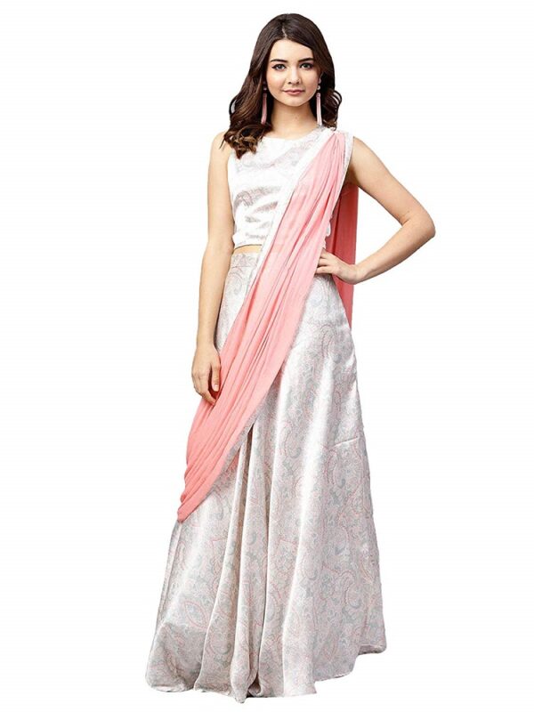 Off White satin Printed Lehenga Saree