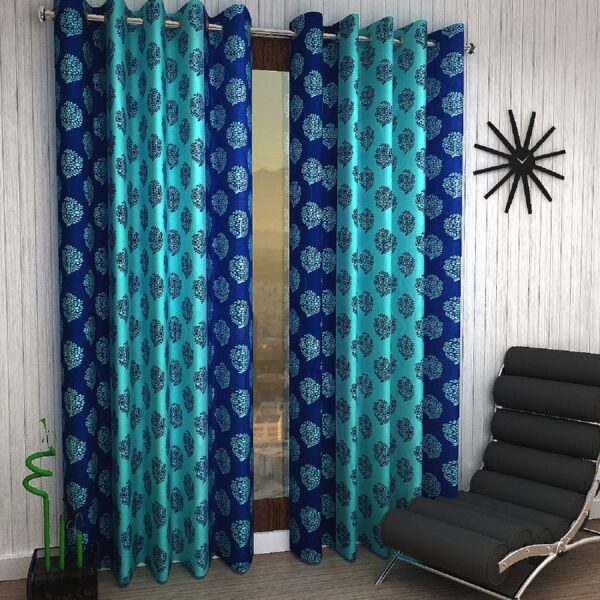2 Piece Eyelet Polyester Window Blue Curtain