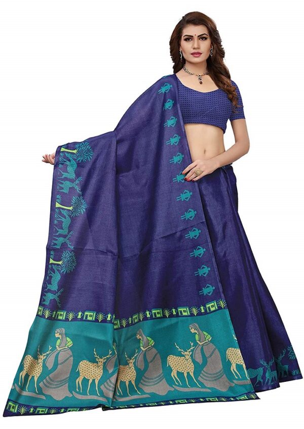 Navy Blue Printed Poly Silk Saree 1