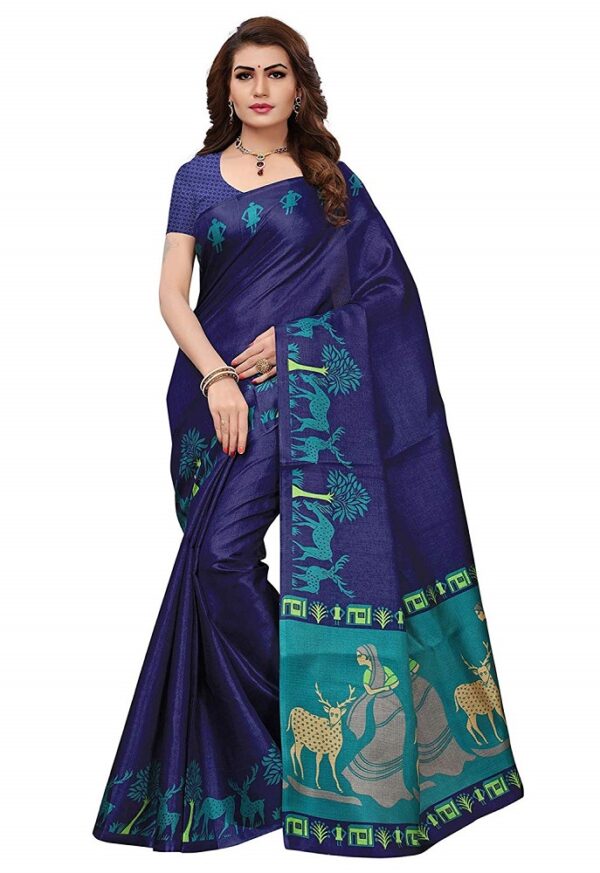 Navy Blue Printed Poly Silk Saree