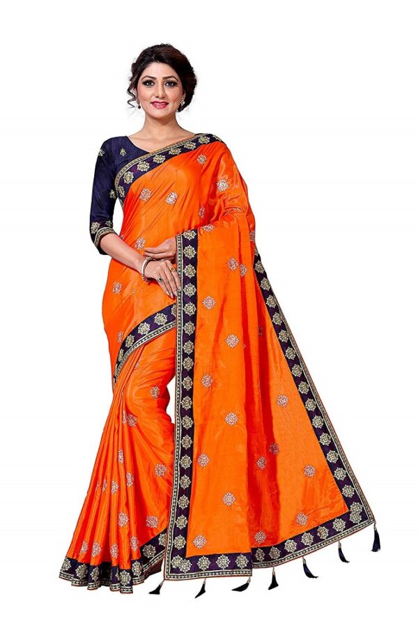 Orange Free Size Embroidered Silk Saree