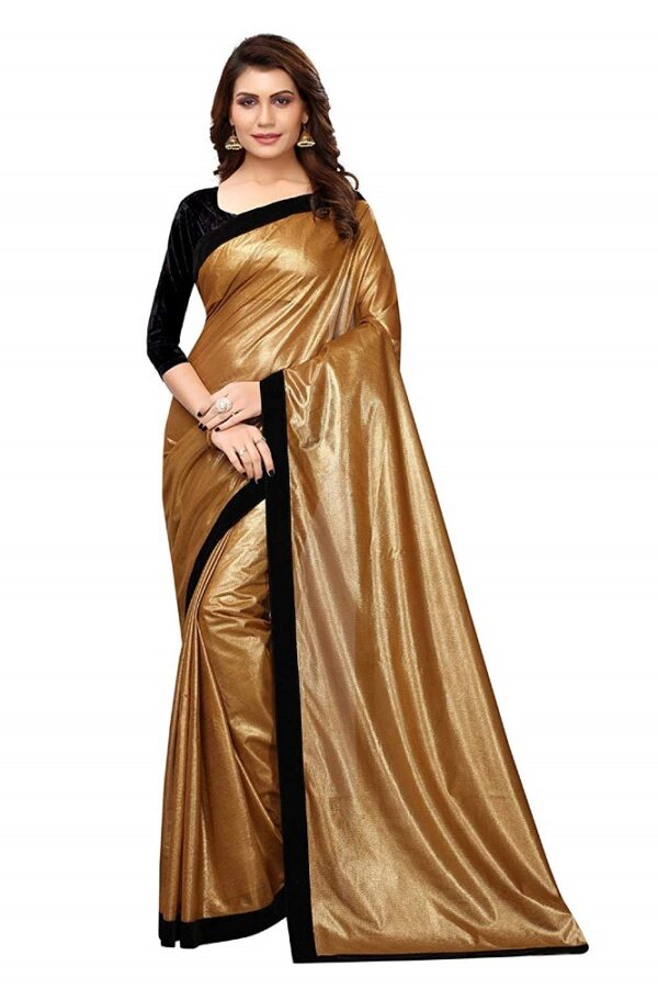 golden color saree with red blouse