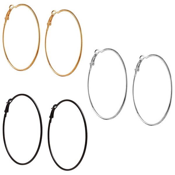 Triplet Combo of Silver Golden & Black Big Round Hoop Earrings