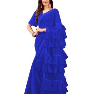 Georgette Ruffle Plain Blue Saree