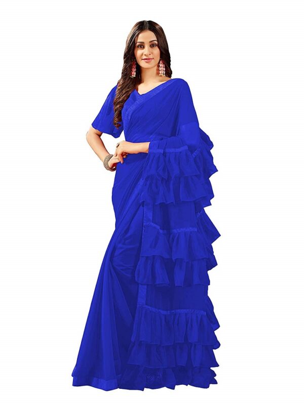 Georgette Ruffle Plain Blue Saree