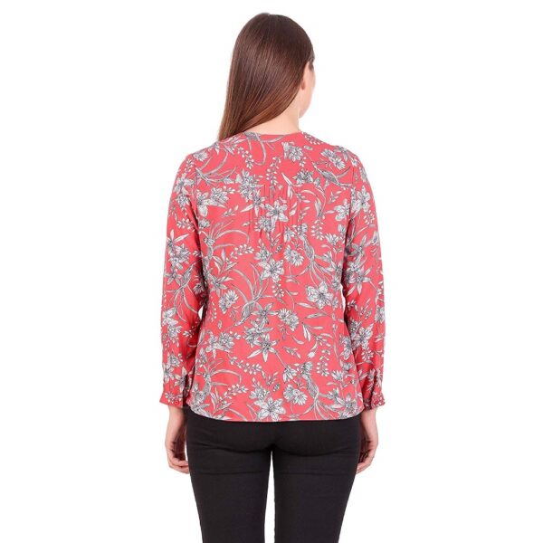 Pink Floral Printed Rayon Mandarin Collar Full Sleeves Top 1