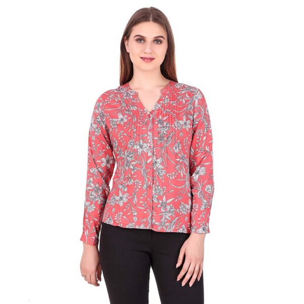 Pink Floral Printed Rayon Mandarin Collar Full Sleeves Top